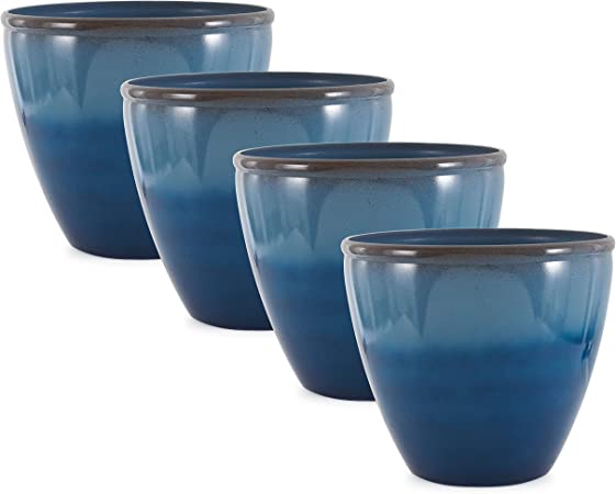 Suncast 16 Inch Ombre Decorative Durable Resin Planter, Blue and Brown (4 Pack)