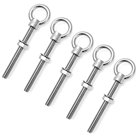 QWORK Threaded Eyebolts, 5 Pack 3/8" x 4" Long Stainless Steel Marine Grade Shoulder Eye Bolt