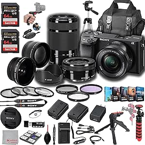 Sony a6400 Mirrorless Camera with 16-50mm   55-210mm Lenses, 128GB Extreem Memory,.43 Wide Angle & 2X Lenses, Case. Tripod, Filters, Hood, Spare Battery & Charger, Editing Software Kit -Deluxe Bundle