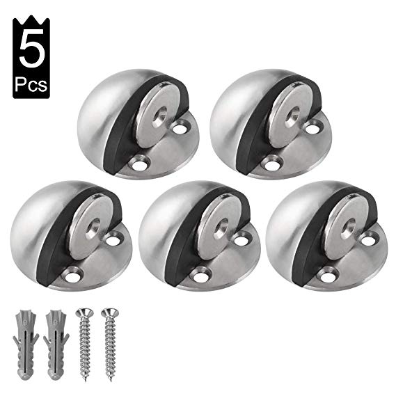 JQK Magnetic Door Stopper, Floor Door Stop Stainless Steel Sound Dampening Bumper Wall Protetor 5 Pack, Brushed, DSB3N-BN-P5