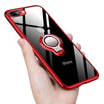 iPhone 8 Plus Case/iPhone 7 Plus Case Clear with Design, Case with 360 Rotatable Ring Kickstand Magnetic Mental Car Mount Transparent Soft TPU Case 5.5 inch - Red