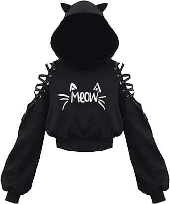 Womens Cat Ear Hoodie Sweatshirt Long Sleeve Sweater Off Shoulder Cat Cute Crop Top Hoodies Pullover