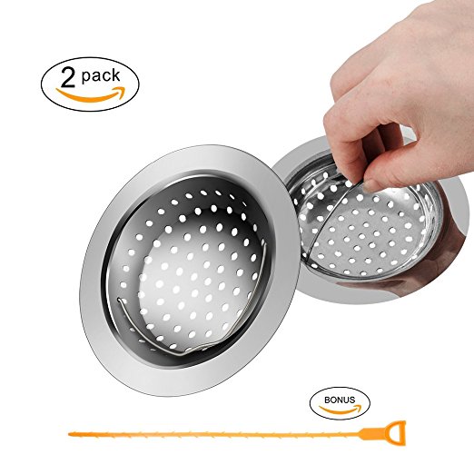 2PCS Kitchen Sink Strainer - Empino Stainless Steel Kitchen Sink Drain Plug with Handle - Large Rim 4.3" Diameter - Durable Garbage Disposal Strainer Basket - 1PCS Drain Snake Colg Remover Included