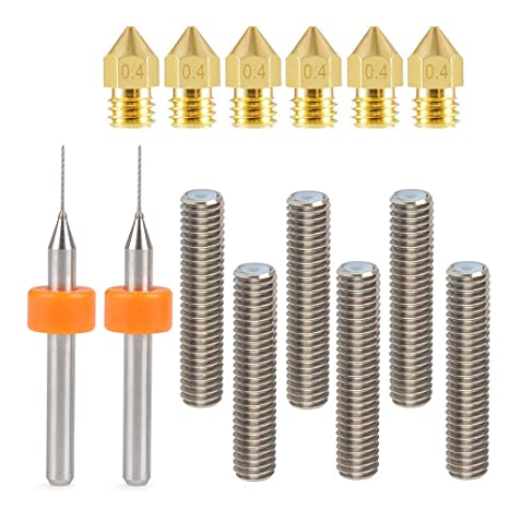 YOTINO Update 0.4mm MK8 Brass Extruder Nozzle Print Heads and 30mm Length Extruder 1.75mm Nozzle Throat Tube for MK8 Makerbot Reprap 3D Printer (Value Bonus 2pcs Cleaning Drill Bits)
