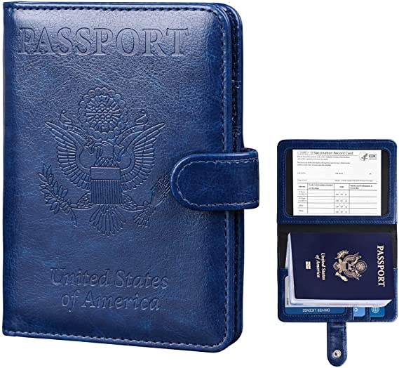 Passport Holder with Vaccine Card Slot, Passport and Vaccine Card Holder Combo RFID Blocking, PU Leather Passport Wallet Cover Case Book Dark Blue