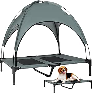 Elevated Dog Bed, Outdoor Dog Bed with Canopy, Raised Dog Cot with Anti-Slip Feet, Breathable Mesh for Indoor & Outdoor Use, Portable Cooling Dog Bed for Dogs Up to 66LBS (L)