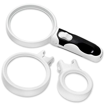 Fancii Illuminated LED Handheld Magnifying Glass Set - 2X 3.5X and 10X High Magnification Power – Best Magnifier with Light for Seniors Reading, Hobby, Computer Repair and Jewellery Loupe