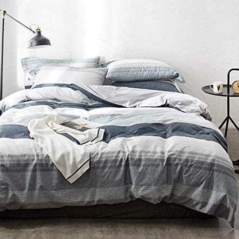 OREISE Duvet Cover Set Full/Queen Size 100% Cotton Bedding Set Gray Blue White Printed Striped Style,3Piece (1 Duvet Cover + 2 Pillowcase),Comfortable Luxurious Hypoallergenic