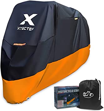 XYZCTEM Motorcycle Cover – All Season Waterproof Outdoor Protection – Fit up to 97 Inch Tour Bikes, Choppers and Cruisers – Protect Against Dust, Debris, Rain and Weather(XL,Black& Orange)