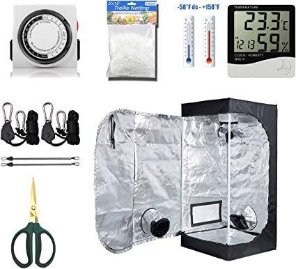 GreenHouser 24''x24''x48'' Grow Tent Kits-High Reflection Room Grow Kits for Indoor Planting  24 Hours Timer Hangers Temperature Humidity Bonsai Shears Netting Trellis