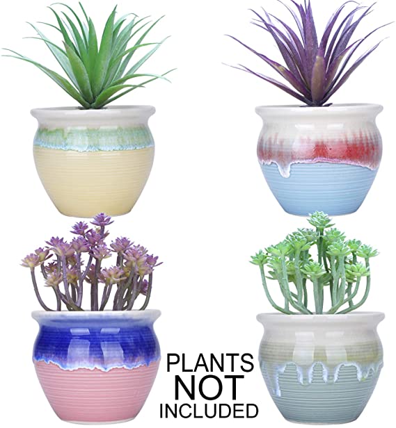 4.5 inch Succulent Planter Pots Small Cactus Plant Pot with Drainage Hole Ceramic Flower Containers Mini Garden Bonsai Pots for Indoor Plants, Set of 4