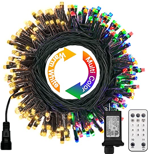 Christmas Tree Lights Outdoor, 108ft 300 LED Color Changing String Light Plug in 11 Modes Functions with Remote Timer, Connectable for Outdoor Indoor Xmas Party (Warm White   Multicolored)