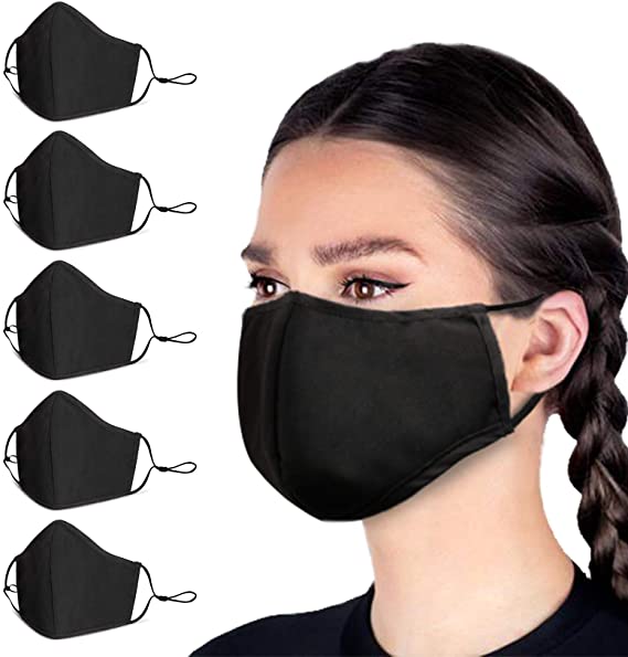 5 Pcs/Pack of Black Masks, Breathable and Reusable Cloth Face Mask, Adjustable Ear Straps, Comfortable and Breathable Cotton Face Mask, 3 Layers of Face Mask Washable.