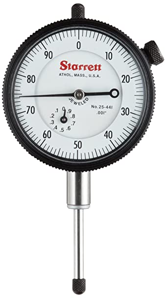 Starrett 25-441J Dial Indicator, 0.375" Stem Dia., Lug-on-Center Back, White Dial, 0-100 Reading, 0-1" Range, 0.001" Graduation