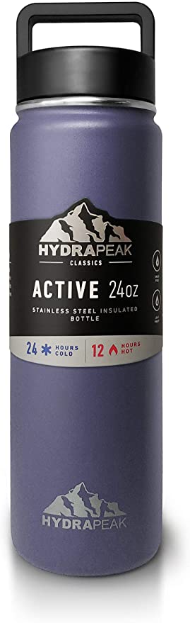 Hydrapeak Vacuum Insulated Water Bottle - Stainless Steel Wide Mouth Double Walled Thermos with Handle Lid For Sports & Outdoor (24oz, Plum)