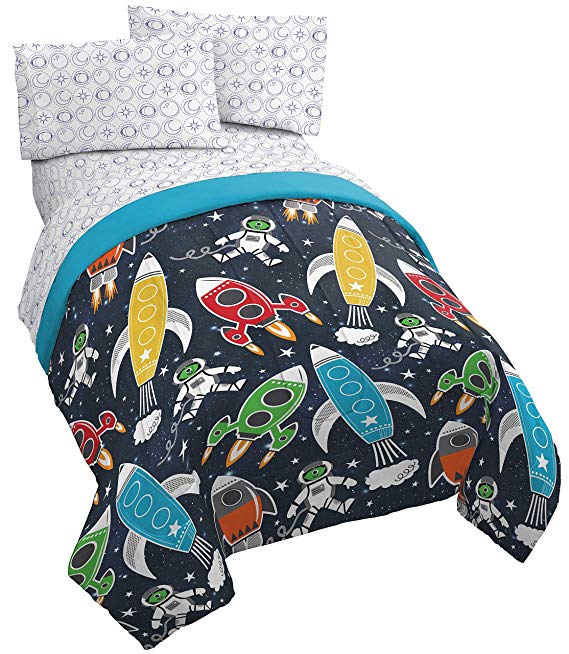 Jay Franco Space 4 Piece Twin Bed Set - Includes Reversible Comforter & Sheet Set- Bedding Features Spaceships & Rocketships - Super Soft Fade Resistant Microfiber