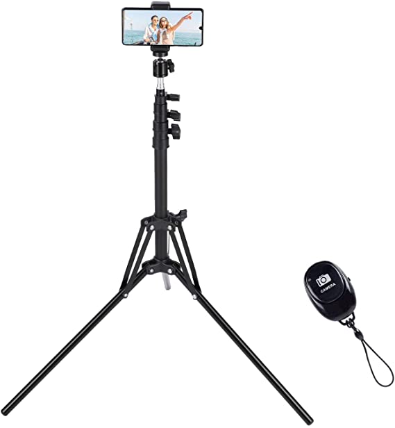 Phone Tripod, 64" Extendable Selfie Stick Tripod Stand with Wireless Remote for iPhone & Android Phone, Samsung Galaxy, Camera, Photography, Live Streaming, Metal Lightweight