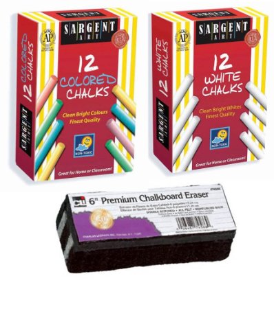 Best Selling Non-Toxic White Dustless Chalk (12 ct box) and Colored Dustless Chalk (12 ct box) Bundle   Premium Chalkboard Eraser