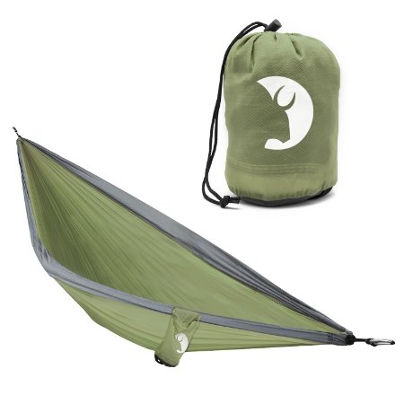 Compact durable single-person parachute nylon camping hammock by Tribe Provisions with no-hassle warranty