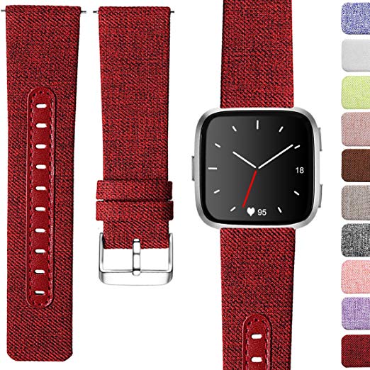 Maledan Replacement Bands for Fitbit Versa Women Men Large Small, Woven Fabric & Genuine Leather Breathable Accessories Strap Band for Fitbit Versa Smart Watch