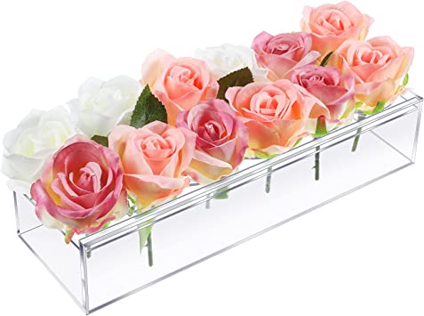 Clear Acrylic Flower Vase Rectangular Floral Centerpiece for Dining Table 12 Inch Long Rectangle Decorative Modern Vase for Weddings Home Decor