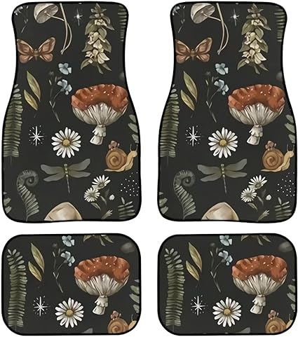 Aoopistc Mushroom Dragonfly Car Floor Mats 4Pcs Front Back Floor Mat Forest Party Snails Flower Butterfly Print Auto Interior Accessories Full Set All Weather Rugs for SUV Truck Van, Car Decorate