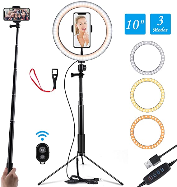 zhuolang 10" Ring Light with Tripod Stand & Phone Holder for YouTube Video, Desktop Camera LED Ring Light for Streaming, Makeup, Selfie Photography Compatible with iPhone Android (10 inch)