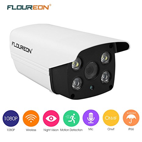 FLOUREON 1080P HD Wireless Wifi IP Camera Waterproof CCTV Home Security Bullet Cam Support Two-Way Voice and Support ONVIF 2.0