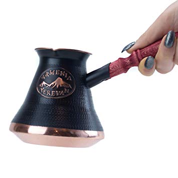 Handmade Armenian Coffee Pot 21 Fl Oz - Copper Jazva Ararat - Turkish Arabic Greek Cezve Jezve Ibrik Turka Jazve Maker - wooden handle - (7 cup (21 US fl.oz))