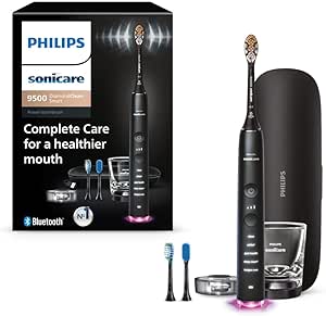 Philips Sonicare DiamondClean Smart 9500 Electric Toothbrush, Sonic Toothbrush with App, Pressure Sensor, Brush Head Detection, 5 Brushing Modes and 3 Intensity Levels, Black, Model HX9923/11