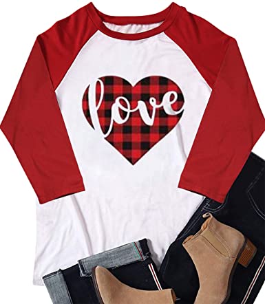 Valentines Day Shirts Women Plaid Love Heart Round Neck Raglan Baseball Tshirt Summer Casual Tops