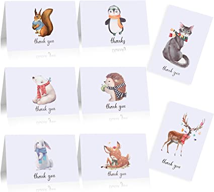 24 Pieces Winter Animals Thank You Note Cards with 24 Envelopes, Holiday Cards for Winter Theme Party Decorations Thanksgiving Christmas Party Supplies, 4 x 6 Inch 8 Designs