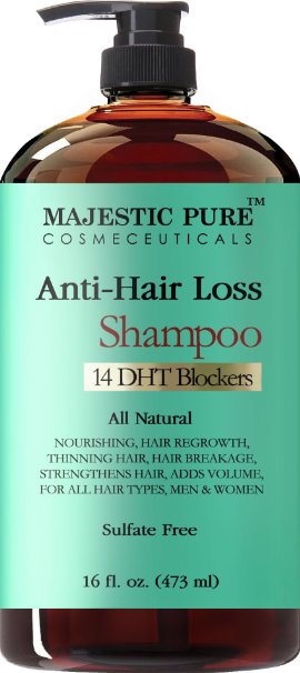 Hair Loss and Hair Regrowth Shampoo for Men & Women From Majestic Pure Offers Potent Natural Ingredient Based Product, Add Volume and Strengthen Hair, Sulfate Free, 14 DHT Blockers,16 fl oz