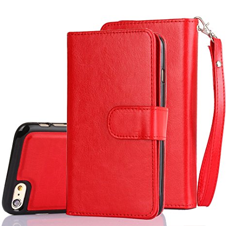 iPhone 6 Plus Case, iPhone 6s Plus Case, TabPow [Wallet Case] 9 Card Holder [Detachable Wallet Folio] PU Leather Flip Case Cover For iPhone 6 Plus / iPhone 6s Plus (5.5 inch), Red