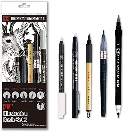Kuretake Zig Inktober Special Set, Illustration Basic Set 2, 4 Black Markers and 1 White Brush Pen, for Manga Drawing, Lettering and Calligraphy, Professional Artist Quality, Made in Japan