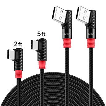 Right Angle USB C Cable,SUNGUY [2-Pack] 5FT/2FT Aluminum Alloy Nylon Braided 90 Degree USB-C Charging Data Sync Cable Samsung Galaxy S9 S8 Plus,Google Pixel 2XL,OnePlus 5T More