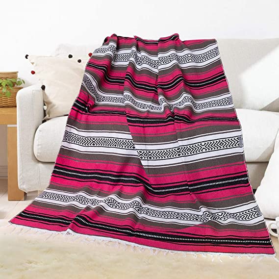 Eccbox 72 X 51 Inch Mexican Throw Blanket with Assorted Bright Colors Woven Mexican Falsa Serape Blankets for Yoga, Picnic, Bedding, Home Decor, Tablecloth (Rose Red)