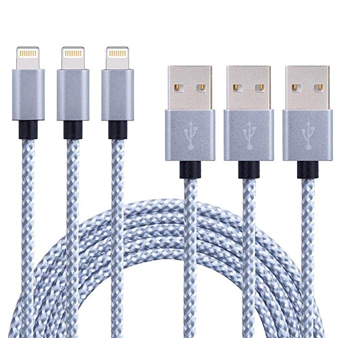 AKEDRE lighting cable YU-A10 , 3PACK 3FT/6FT/6FT Nylon Braided 8 pin Charging Cables for iPhone X / 8 / 8 Plus / 7 (Silver ,3PACK)
