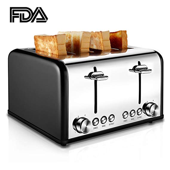 Toaster 4 Slice, CUSIBOX Stainless Steel Toaster with BAGEL/DEFROST/CANCEL Function, Extra Wide Slots Four Slice Bread Bagel Toaster, 1650W, Black