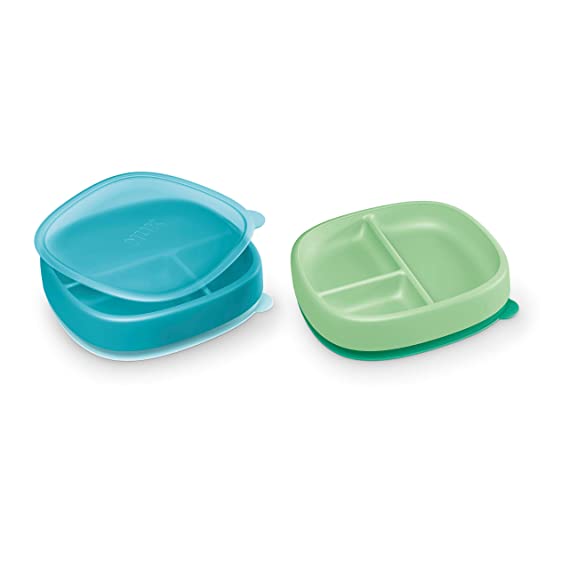 NUK Suction Plates and Lid, Assorted Colors, 2 Pack, 6  Months, Blue & Green