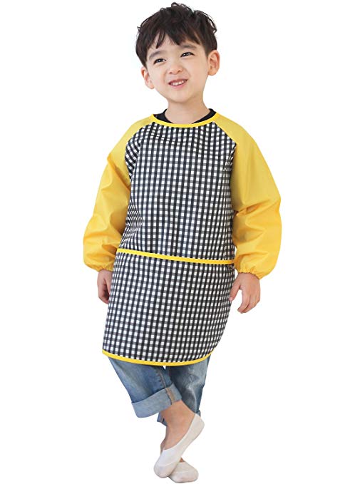 Plie Kids Art Smocks, Children Waterproof Artist Painting Aprons Long Sleeve with Pockets, Black Check (33-XL)