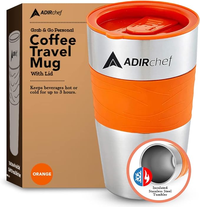 AdirChef Travel Mug 15 Oz - Insulated BPA Free Stainless Steel Vacuum Tumbler w/Spill Proof Slide Lid for Hot/Cold Drinks Great for Outdoor, Driving, Home or Office Use (Orange)