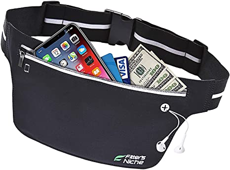 fitter's niche Ultra Slim Fanny Waist Pack, Water Resistant Fashion Running Bag, Reflective Adjustable Elastic Belt, Holds Phones up to 6.7inch, Ideal for Indoor Outdoor Workouts Gym Exercises