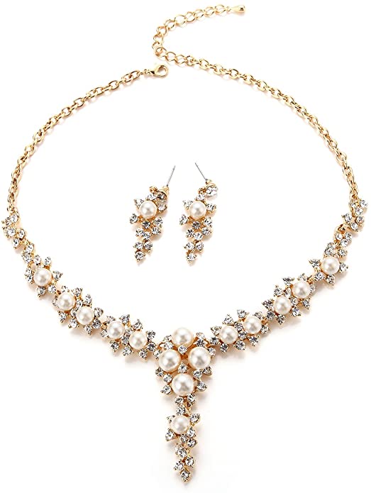 FAYBOX Glamorous Crystal Rhinestone Beading Necklace Earrings Wedding Jewelry Sets