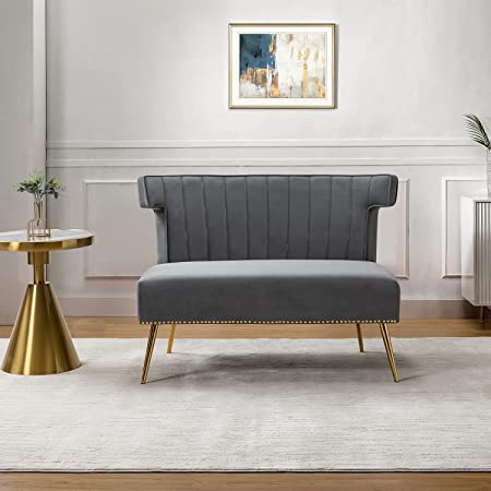 HULALA HOME Mid-Century Velvet Upholstered Loveseat Sofa Armless, Modern Loveseat Couch with Golden Metal Legs, Living Room Tufted Velvet 2 Seater Sofa Chairs for Apartment Small Spaces（Grey）