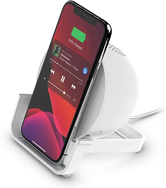 Belkin Wireless Charging Speaker (Wireless Charging Stand   Bluetooth Speaker Charger) Charge While Listening to Music, Streaming Videos, Video Calls, White (AUF001ttWH)