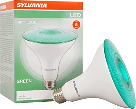 SYLVANIA LED Flood PAR38 Green Light Bulb, Efficient 9W, Non-Dimmable, 5 Year, E26 Medium Base - 1 Pack (40829)