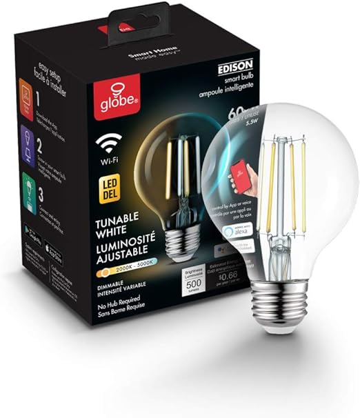 Globe Electric 34920 Wi-Fi Smart 5.5W (60W Equivalent) Straight Filament Tunable White Clear LED Light Bulb, No Hub Required, Voice Activated, 2000K - 5000K, Vintage Edison Style, G25 Shape, E26 Base