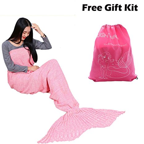 Lightbird Mermaid Tail Blanket Pattern with Gift Bag Soft Warm Crochet XL Large for Adults and Kids (71Lx35.5W Inch,Pink)