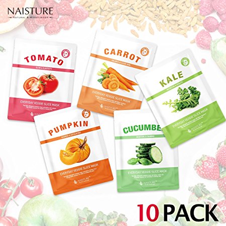 Naisture Korean Face Sheet Masks (10 Count), Fresh Vegetable Everyday Veggie Slice Full Facial Mask - Tomato, Cucumber, Carrot, Kale and Pumpkin - 10 Pack Set